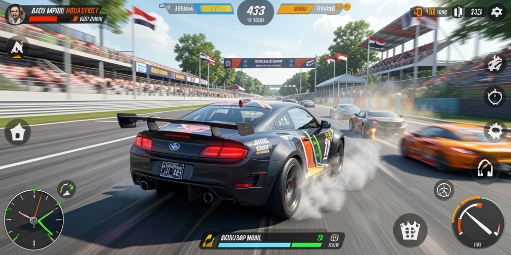 Tampilan gameplay menegangkan dalam balapan mobil cepat.