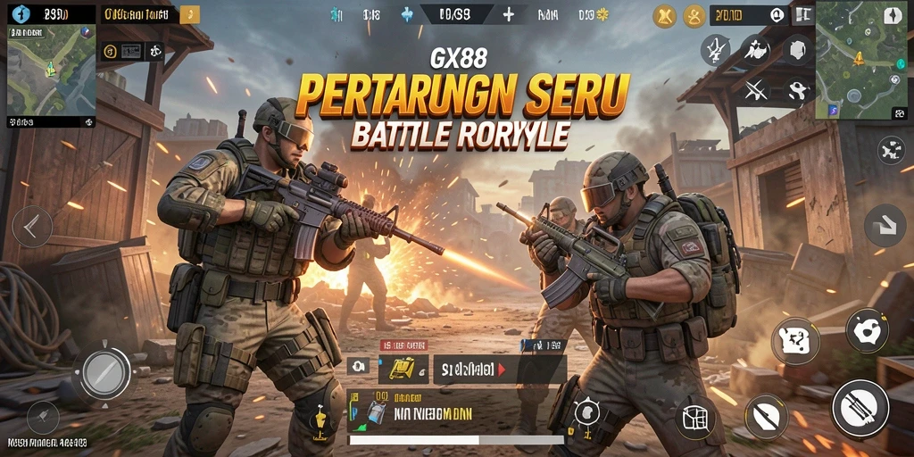 Screenshot GX88 yang menunjukkan aksi pertarungan Battle Royale yang mendebarkan.