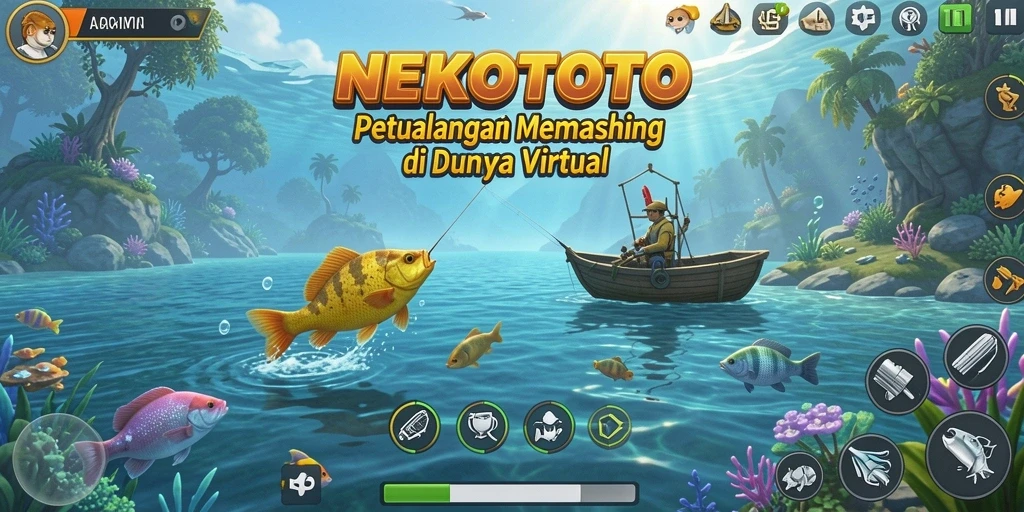 Gameplay seru dalam NEKOTOTO saat menangkap ikan.