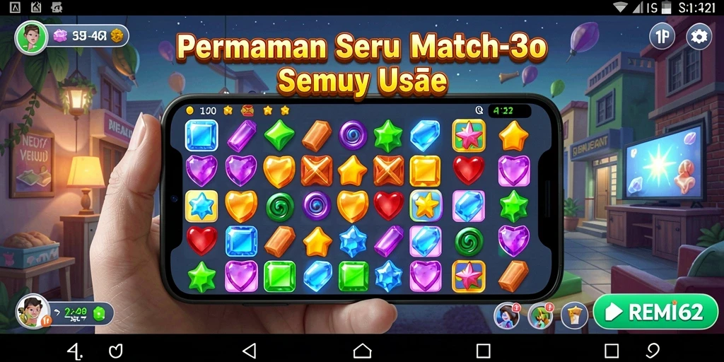 Screenshot permainan REMI62 menampilkan gameplay Match-3 yang seru.