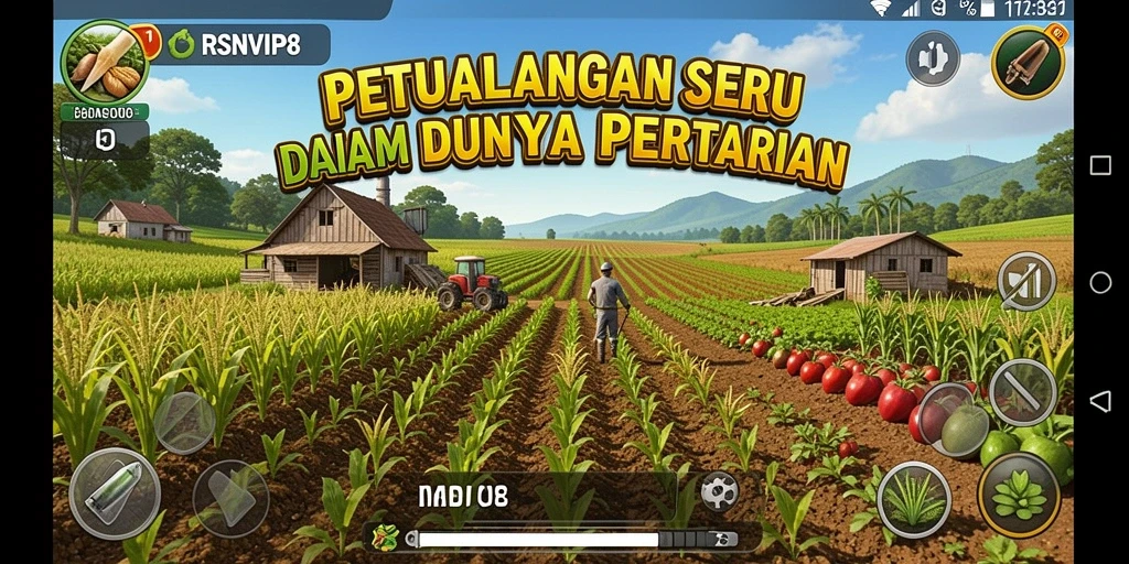 Screenshot gameplay RSNVIP8 yang menunjukkan ladang yang subur dan penuh warna.